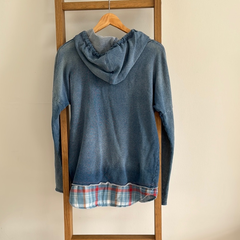 ANTHROPOLOGIE l Cloth & Stone Blue Plaid Layered Hoodie 100% Cotton Small - Picture 6 of 7